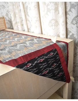 Black and Grey ikat reversible table runner with kantha embroidery: HTR15A-13x60-1-sm