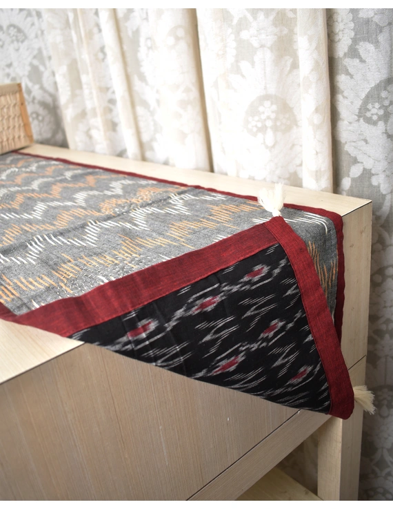 Black and Grey ikat reversible table runner with kantha embroidery: HTR15A-13x60-1