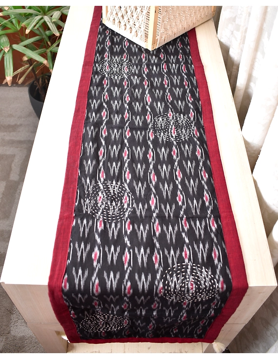 Black and Grey ikat reversible table runner with kantha embroidery: HTR15A-13x48-2