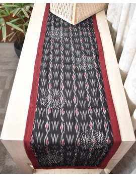 Black and Grey ikat reversible table runner with kantha embroidery: HTR15A-13x48-2-sm