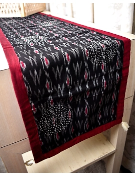 Black and Grey ikat reversible table runner with kantha embroidery: HTR15A-13x48-3-sm