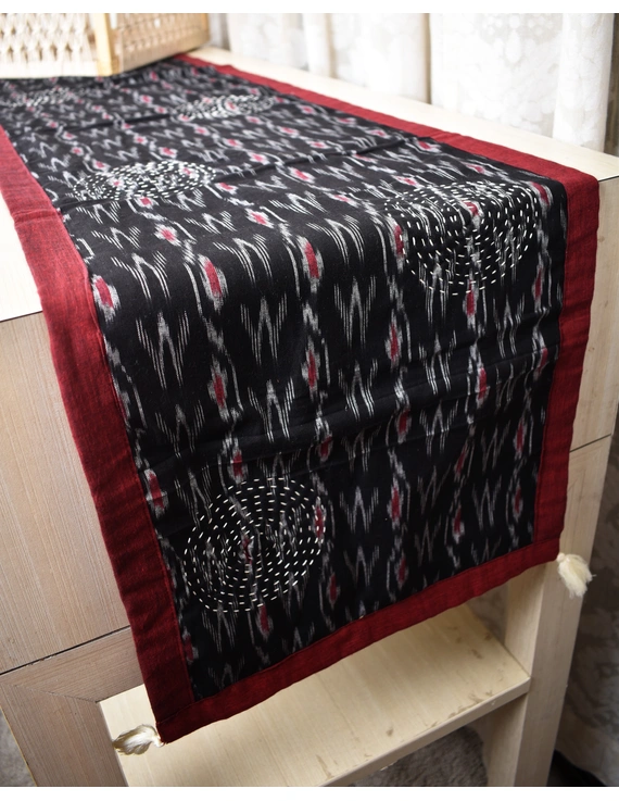 Black and Grey ikat reversible table runner with kantha embroidery: HTR15A-13x60-3