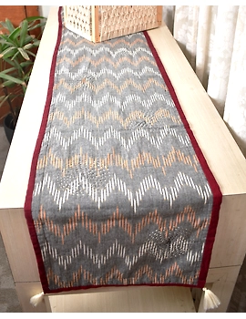 Black and Grey ikat reversible table runner with kantha embroidery: HTR15A-13x48-4-sm