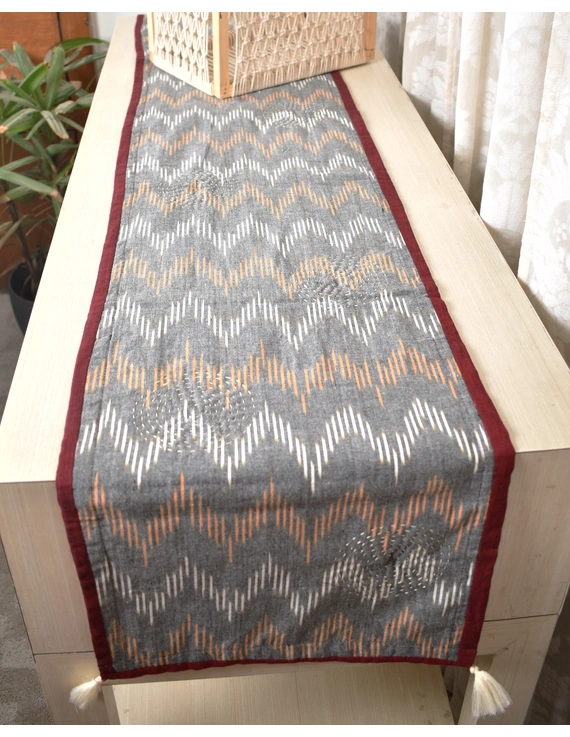 Black and Grey ikat reversible table runner with kantha embroidery: HTR15A-13x60-4