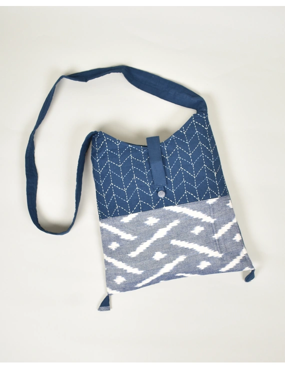 T.Blue and White Ikkat Sling Bag With Embroidery : SBG01E-2
