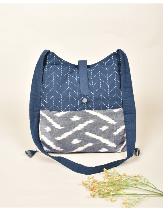 T.Blue and White Ikkat Sling Bag With Embroidery : SBG01E-SBG01E