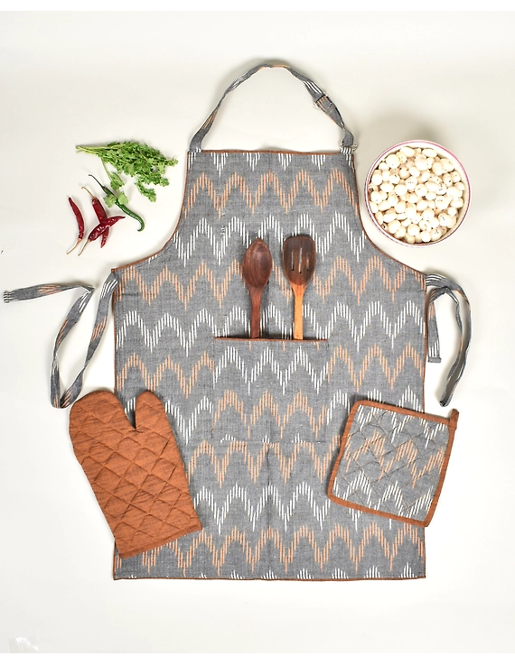 Apron, Oven Glove And Potholder Set In Grey cotton Ikat: HKL02C-HKL02C