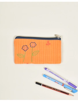 Orange pencil pouch with hand embroidery - PPH02F-4-sm