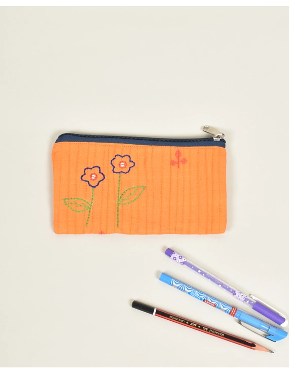 Orange pencil pouch with hand embroidery - PPH02F-4