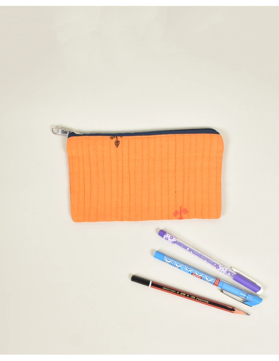 Orange pencil pouch with hand embroidery - PPH02F-3