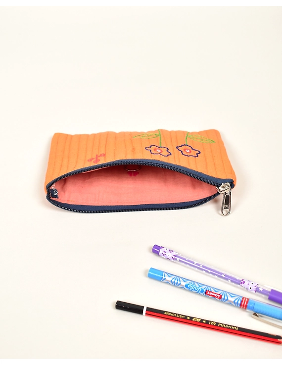 Orange pencil pouch with hand embroidery - PPH02F-2