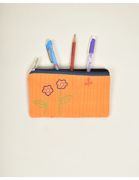 Orange pencil pouch with hand embroidery - PPH02F-1