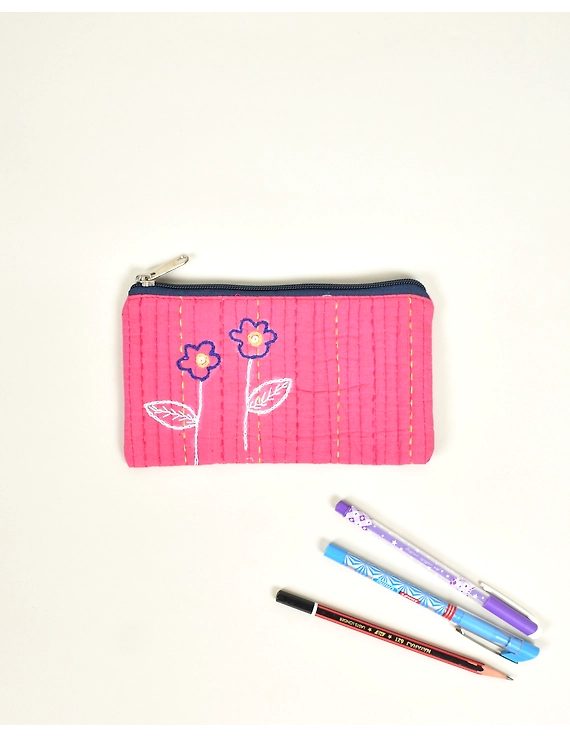 Pink Pencil pouch with hand embroidery Black Zip - PPH02G-1