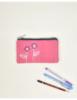 Pink Pencil pouch with hand embroidery Black Zip - PPH02G-3-sm