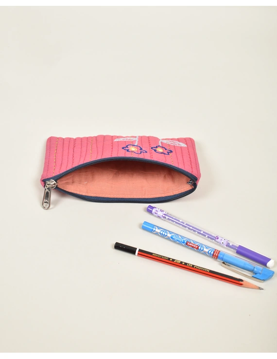 Pink Pencil pouch with hand embroidery Black Zip - PPH02G-2
