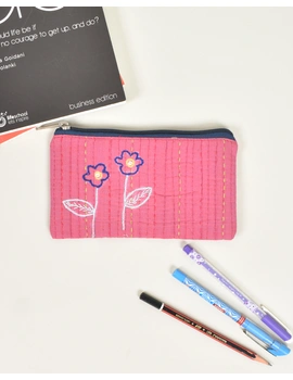 Pink Pencil pouch with hand embroidery Black Zip - PPH02G-PPH02G-sm