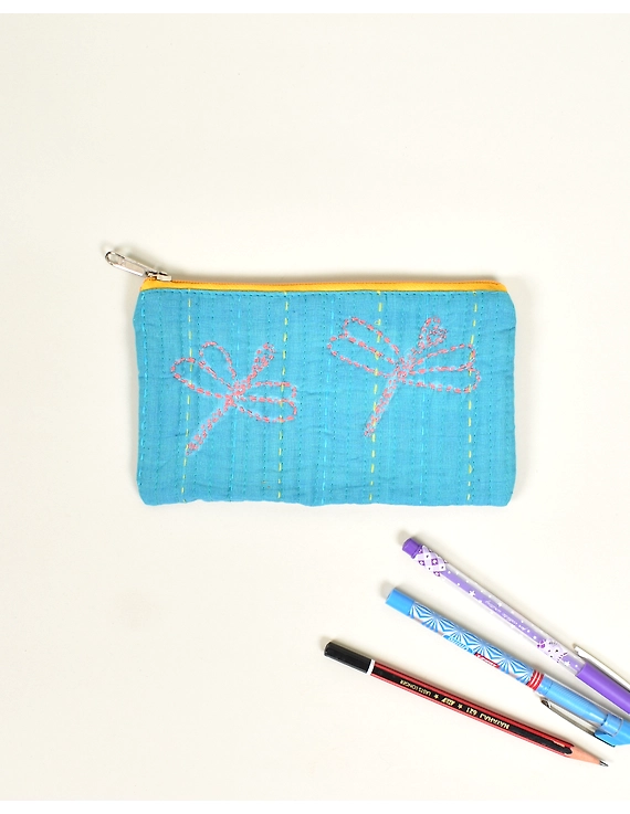 Blue Pencil pouch with hand embroidery Yellow Zip - PPH02H-4