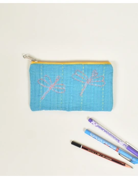 Blue Pencil pouch with hand embroidery Yellow Zip - PPH02H-4-sm