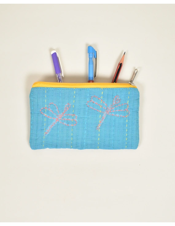 Blue Pencil pouch with hand embroidery Yellow Zip - PPH02H-3