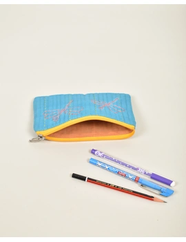 Blue Pencil pouch with hand embroidery Yellow Zip - PPH02H-1-sm