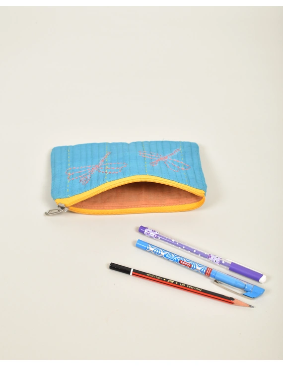 Blue Pencil pouch with hand embroidery Yellow Zip - PPH02H-1