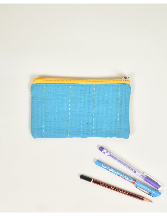 Blue Pencil pouch with hand embroidery Yellow Zip - PPH02H-2