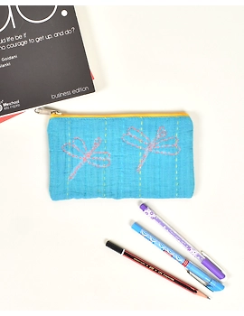 Blue Pencil pouch with hand embroidery Yellow Zip - PPH02H-PPH02H-sm
