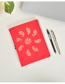 Red Slub Silk Handmade Diary with Flower Print : STN05BD-1-sm