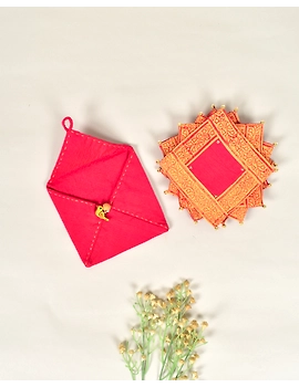 Pink with Yellow Silk Diwali Table Coasters : HTC08A-400-1-sm