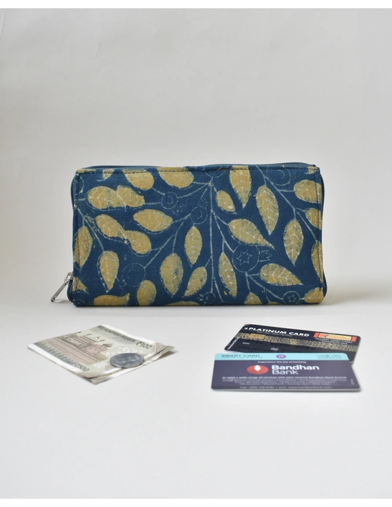 Blue and yellow kalamkari ladies wallet with zip : WLL07A-WLL07A