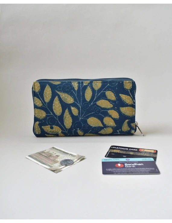 Blue and yellow kalamkari ladies wallet with zip : WLL07A-1