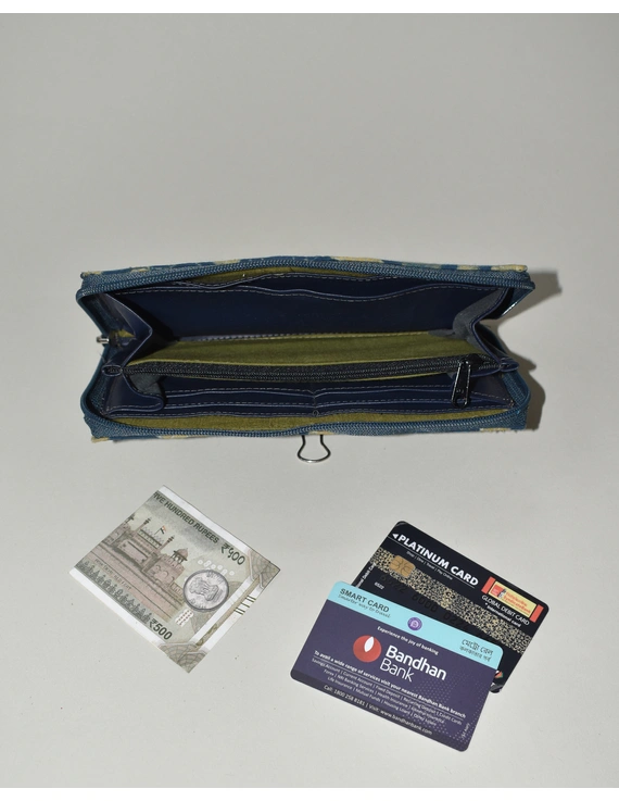 Blue and yellow kalamkari ladies wallet with zip : WLL07A-2