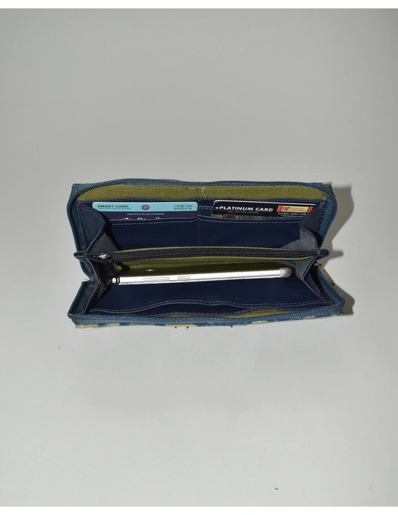 Blue and yellow kalamkari ladies wallet with zip : WLL07A-3