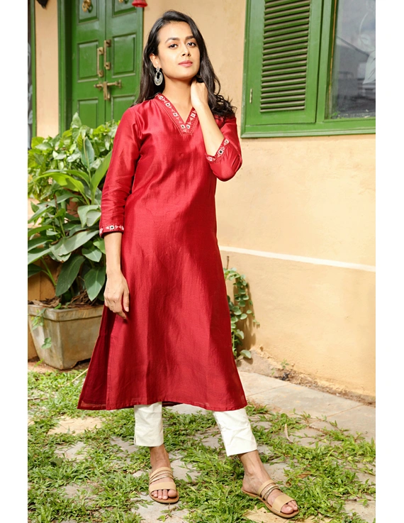 Red chanderi silk kurta with hand embroidery : LK470A-LK470A-S