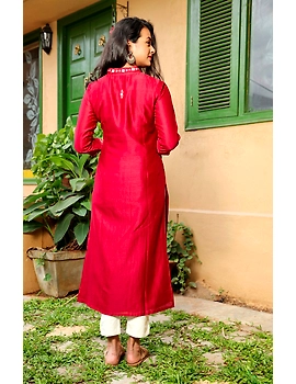 Red chanderi silk kurta with hand embroidery : LK470A-M-2-sm