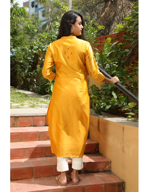 Yellow chanderi silk kurta with hand embroidery : LK480A-XL-4