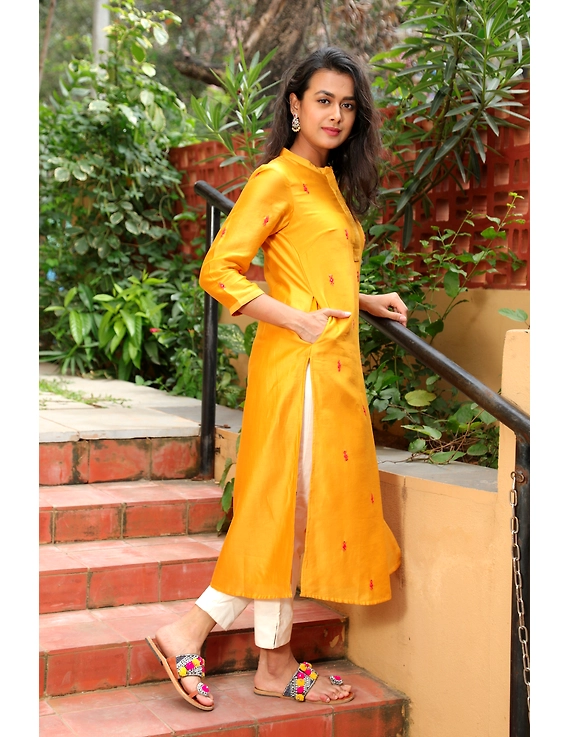 Yellow chanderi silk kurta with hand embroidery : LK480A-S-5