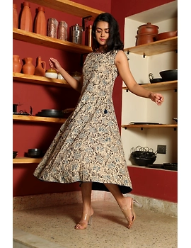 BLUE FLORAL KALAMKARI DRESS WITH A BOAT NECK : LD480C-S-2-sm