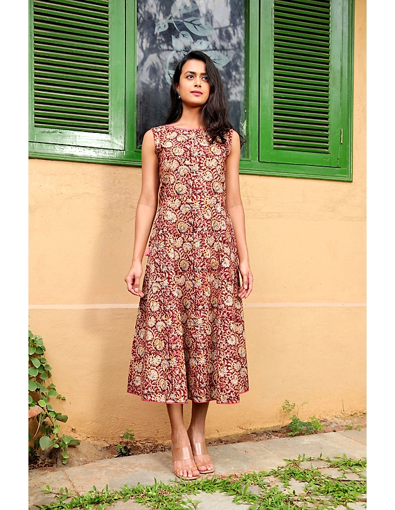 BROWN FLORAL KALAMKARI LONG DRESS WITH A BOAT NECK: LD480D-M-3