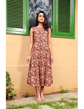 BROWN FLORAL KALAMKARI LONG DRESS WITH A BOAT NECK: LD480D-XL-3-sm