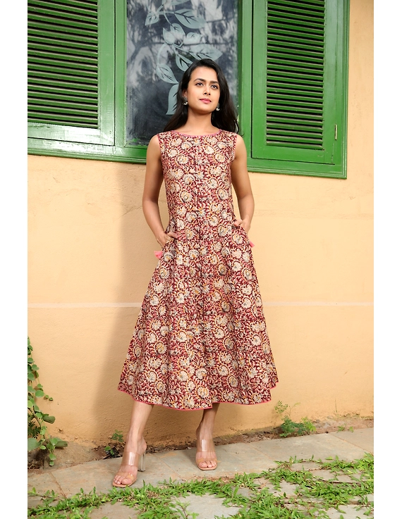 BROWN FLORAL KALAMKARI LONG DRESS WITH A BOAT NECK: LD480D-XL-4