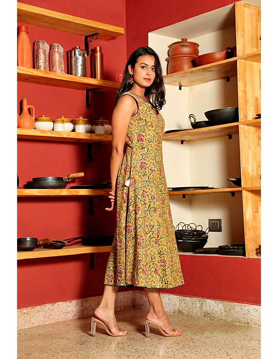 YELLOW FLORAL KALAMKARI LONG DRESS WITH A BOAT NECK: LD480E-LD480E-M
