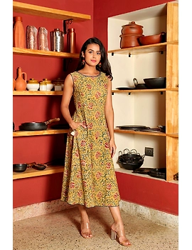 YELLOW FLORAL KALAMKARI LONG DRESS WITH A BOAT NECK: LD480E-M-2-sm