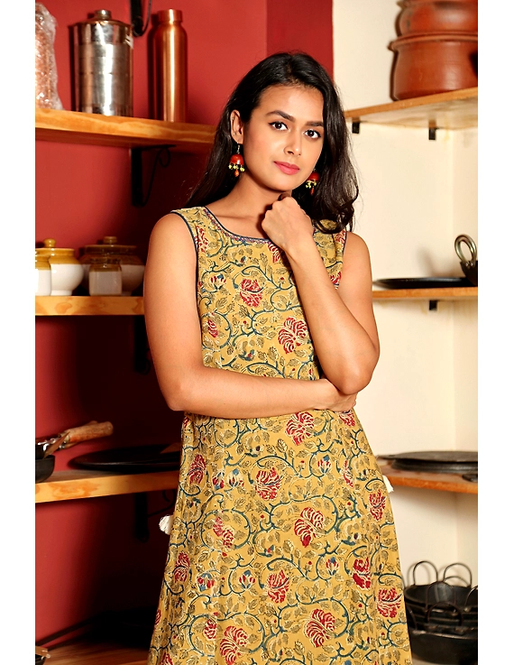 YELLOW FLORAL KALAMKARI LONG DRESS WITH A BOAT NECK: LD480E-S-1