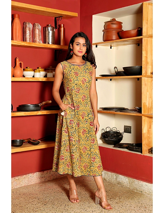 YELLOW FLORAL KALAMKARI LONG DRESS WITH A BOAT NECK: LD480E-S-2