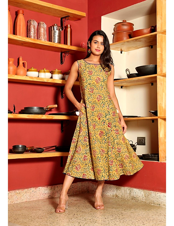 YELLOW FLORAL KALAMKARI LONG DRESS WITH A BOAT NECK: LD480E-XL-5