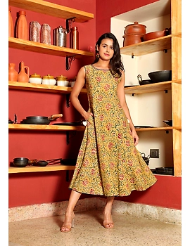 YELLOW FLORAL KALAMKARI LONG DRESS WITH A BOAT NECK: LD480E-XXL-5-sm