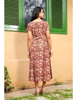 BROWN KALAMKARI COTTON DRESS WITH SHORTSLEEVES: LD485D-L-2-sm