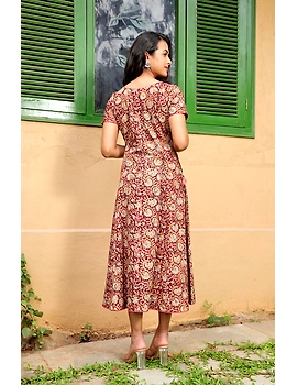 BROWN KALAMKARI COTTON DRESS WITH SHORTSLEEVES: LD485D-XXL-3-sm