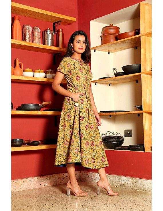 YELLOW  KALAMKARI COTTON DRESS WITH SHORTSLEEVES: LD485E-XL-2
